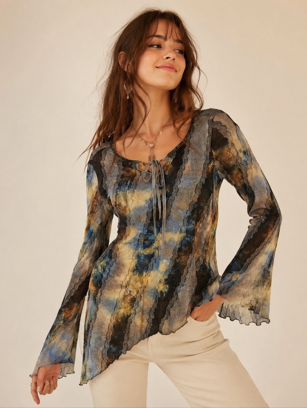 Vintage Y2K Tribal Boho Bell Sleeve Top Size S Asymmetric Hem Tie Dye Fairycore